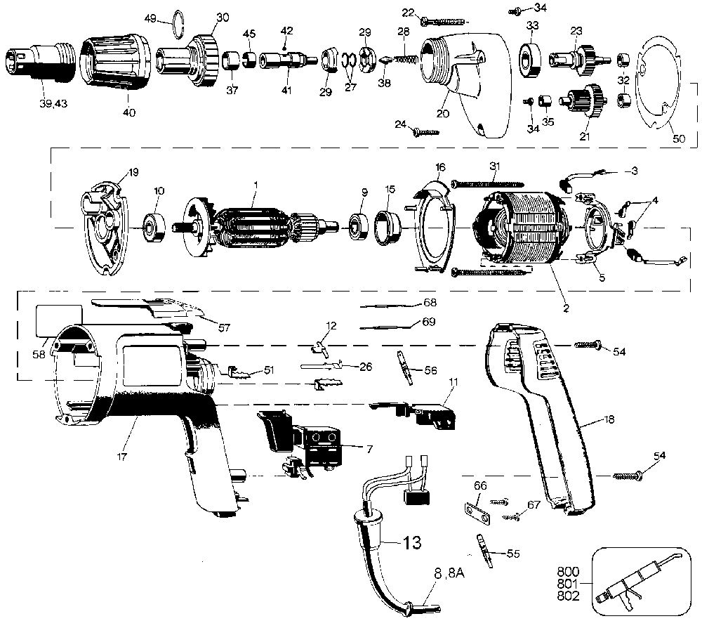 Exploded Diagram A Diagram and Parts List for 2059-33 Type 100 Black and Decker Drill